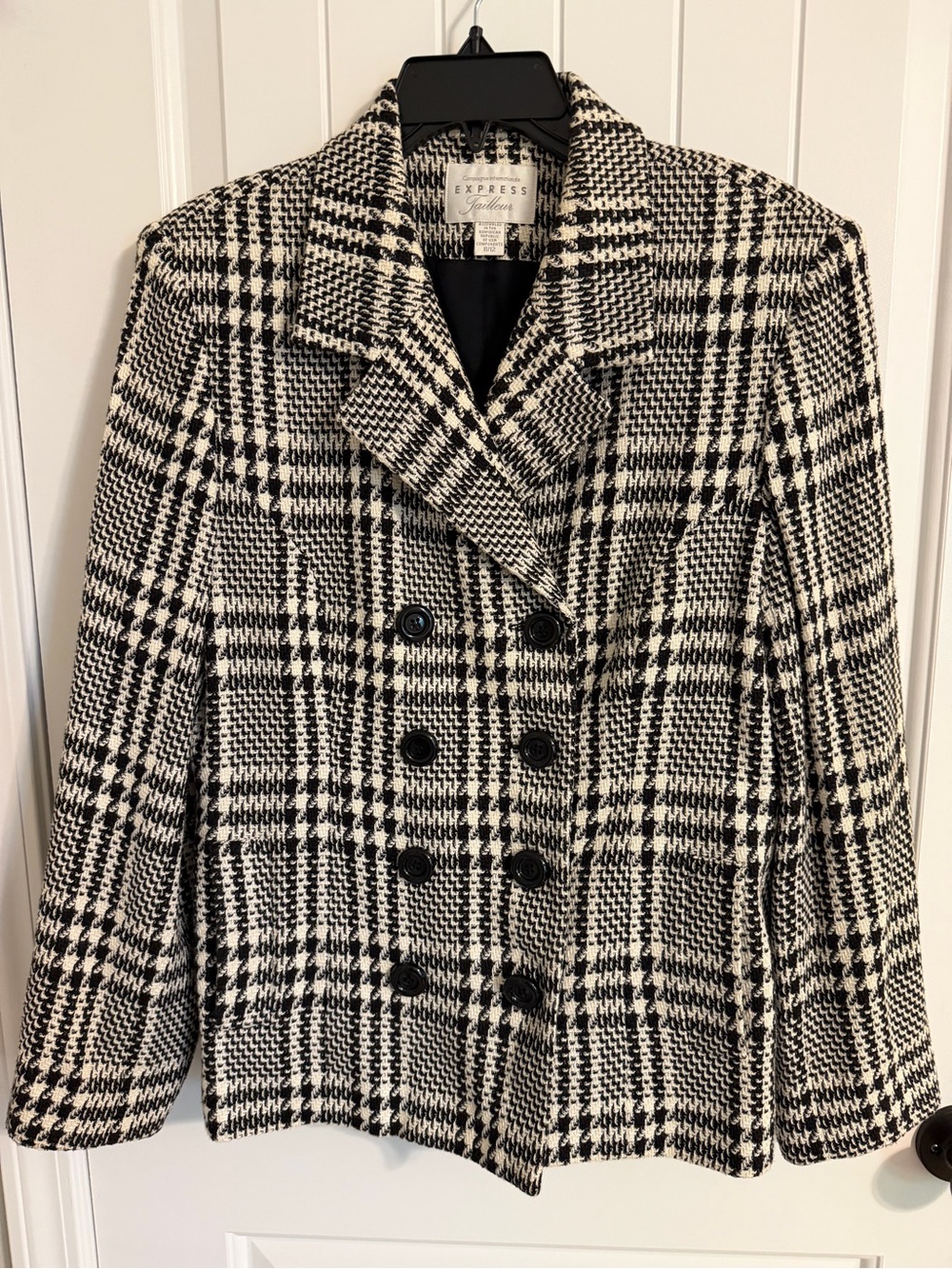 Express Black & White Plaid Double-Breasted Peacoat